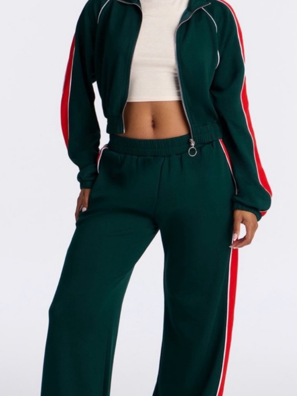 Women's Dark Green Wide-Leg Track Pants With Red And White Stripes